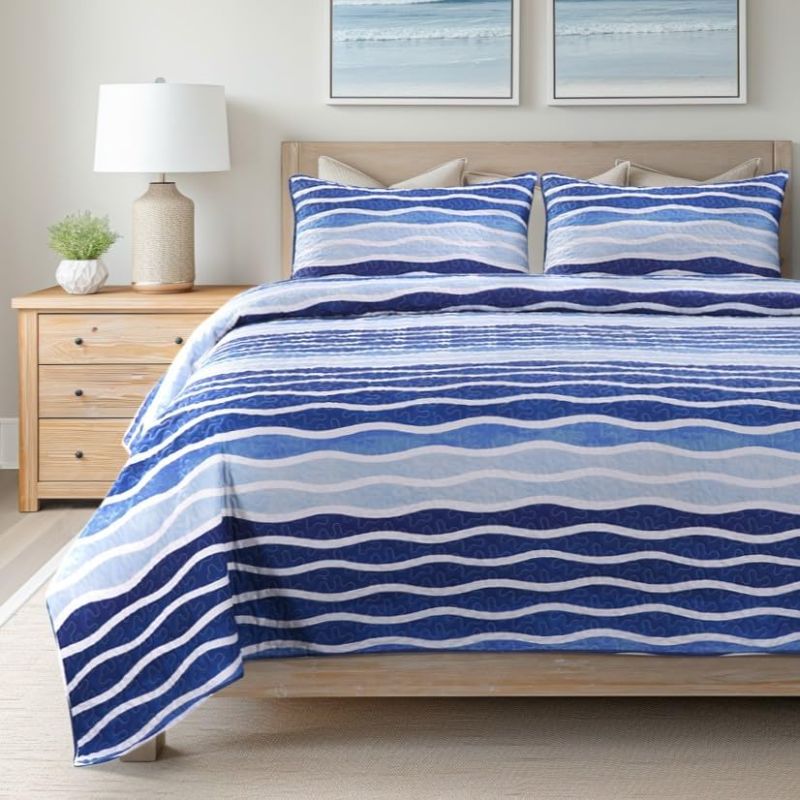 Photo 1 of SLPR Blue Wave 3-Piece Quilt Set - King Size with 2 Shams, Coastal Beach House Bedding with Nautical Wave Design, Summer Ocean Quilted Bedspread in Beachy Theme

