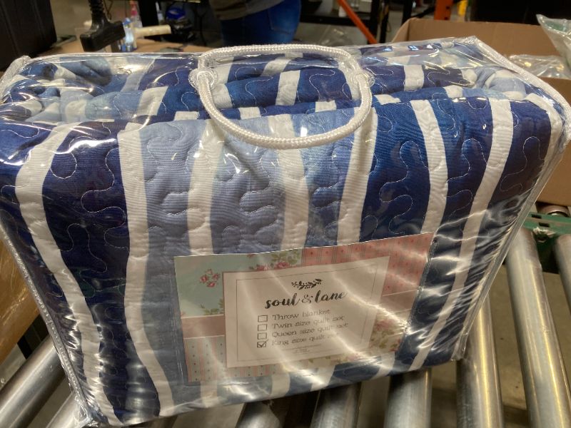 Photo 1 of SLPR Blue Wave 3-Piece Quilt Set - King Size with 2 Shams, Coastal Beach House Bedding with Nautical Wave Design, Summer Ocean Quilted Bedspread in Beachy Theme
