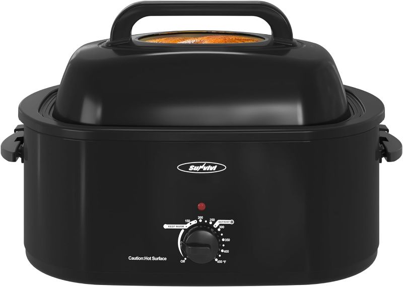 Photo 1 of Sunvivi Roaster Oven, Electric Roaster Oven with Viewing Lid, 30lb 26-Quart Turkey Roaster with Unique Defrost/Warm Function, Large Roaster with Removable Pan & Rack, Stainless Steel, Black
