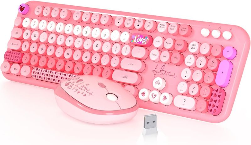 Photo 1 of Wireless Keyboard and Mouse,MOFII 104 Round Keys Lovely Full-Size Cute Colorful Keyboard and Mouse with Retro Typewriter for PC/Mac/Laptop/Tablet/Computer/Windows Pink
