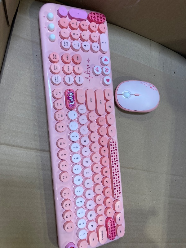 Photo 1 of Wireless Keyboard and Mouse,MOFII 104 Round Keys Lovely Full-Size Cute Colorful Keyboard and Mouse with Retro Typewriter for PC/Mac/Laptop/Tablet/Computer/Windows Pink
