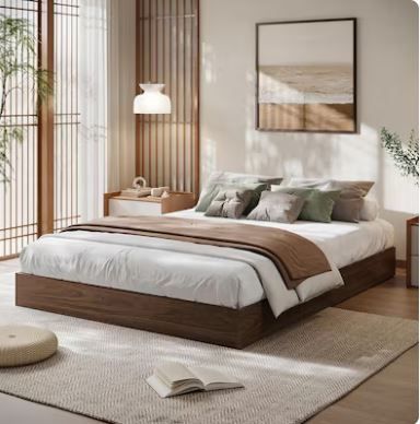 Photo 1 of Garvee Queen Size Wood Platform Bed Frame- Sturdy Wooden Bed with Slat Support- No Box Spring Needed- Minimalist Floor-Standing Design- Easy Assembly- Walnut Wood
