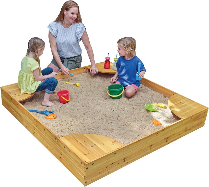 Photo 1 of KidKraft Wooden Backyard Sandbox with Built-in Corner Seating and Mesh Cover, Kid's Outdoor Furniture, Honey, Gift for Ages 2-8