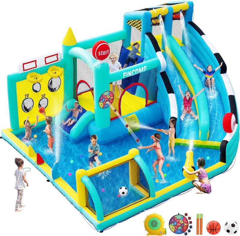 Photo 1 of FINCOME Bounce House Double Slides for Kids 3-10, Large Bounce Castle with Air Blower 550W, Pool, Jumping, Climbing, Balls, Ring Toss, Inflatable Water Park for Birthday Party Holiday Outdoor Indoor