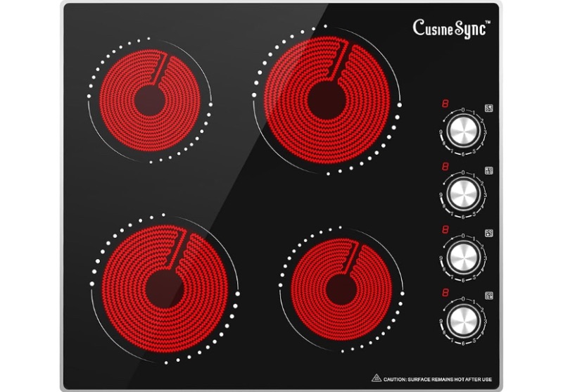 Photo 1 of 24 Inch Electric Cooktop, 4 Burner Ceramic Stove with 9 Power Levels, Knob Control, Auto shutdown and Residual Heat Warning, 6000W, 220-240V for Hard Wire