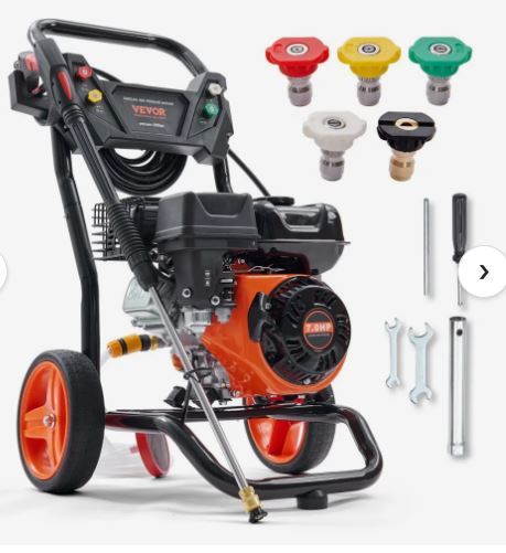 Photo 1 of VEVOR Gas Pressure Washer, 3400 PSI 2.6 GPM, Gas Powered Pressure Washer with Aluminum Pump, Spray Gun and Extension Wand, 5 Quick Connect Nozzles, for Cleaning Cars, Homes, Driveways, Patios

