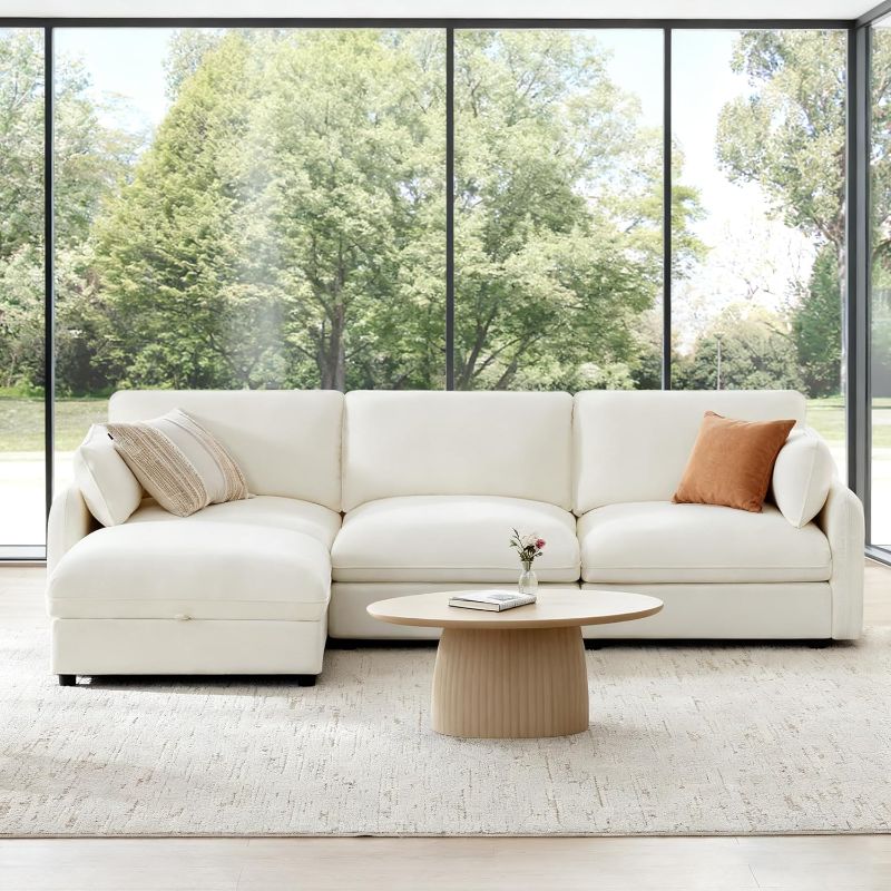Photo 1 of KISLOT 113" Cloud Sectional Couches for Living Room,L Shaped Oversized Modular Modern Linen Sofa with 1 Movable Ottoman,4 Deep Seat with 2 Throw Pillows,Warm White
