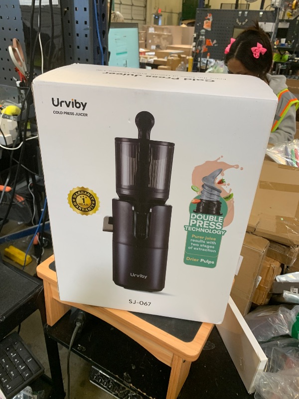 Photo 1 of URVIBY Juicer Machines, 5.3" Large Feed Chute Cold Press Juicer with Double Press Technology, 400W Motor, High Juice Yield, Easy to Clean, Masticating Juicer for Whole Vegetables & Fruits, Black