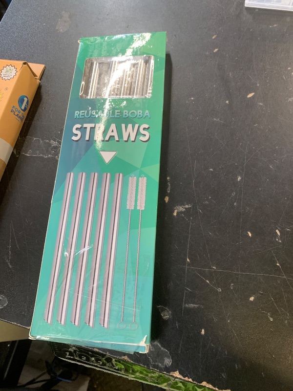 Photo 1 of [Angled Tips] 5 Pcs 10" Reusable Bubble Tea Straws & Smoothie Straws, 0.5" Wide Stainless Steel Straw, Metal Straw for Boba, Tapioca Pearl, Milkshakes, Jumbo Drinks | 2 Cleaning Brushes