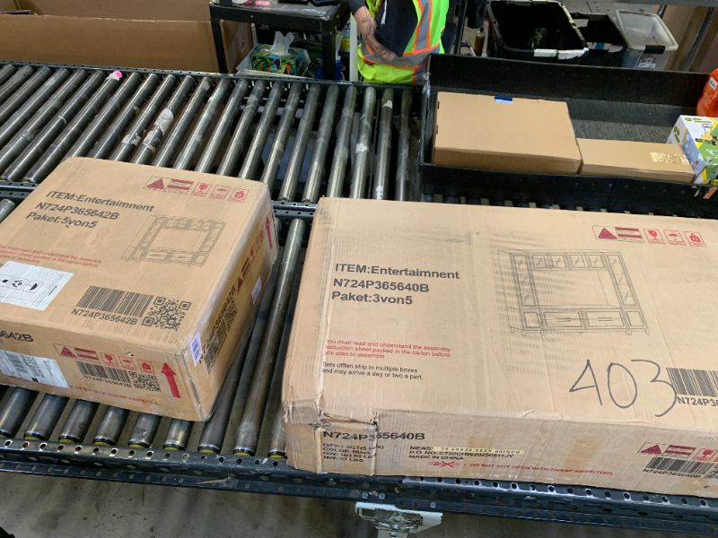 Photo 1 of AMERLIFE 98" Farmhouse Wall Unit Entertainment Center with Bookshelves, Wine Cabinet, Fits 75" TVs, Rustic Media Console for Living Room, Large TV Stand with Power Outlets & Barn Door, Off-White