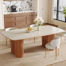 Photo 1 of Halseey Natural Sintered Stone 78. in. Pedestal Solid Wood Kitchen Dining Table for 10 Heavy-Duty