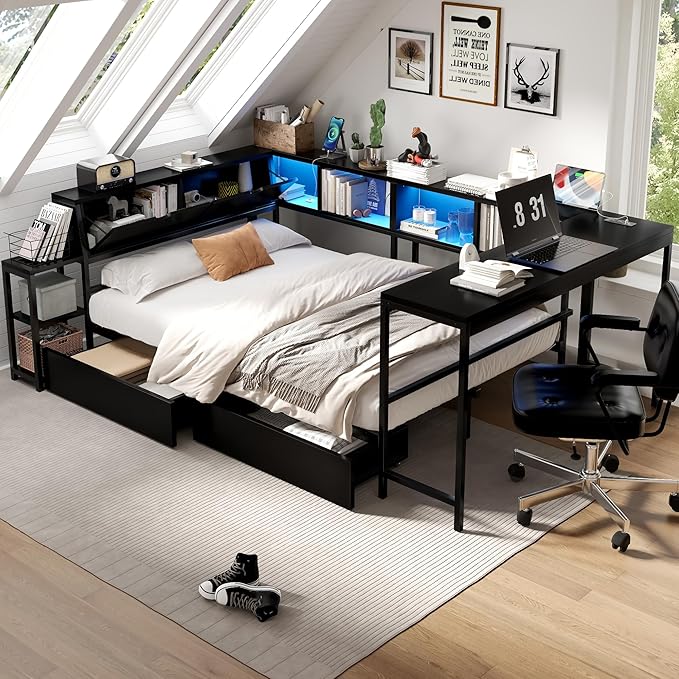 Photo 1 of MLZTINGR Twin Bed with Desk, Modern Gaming Bed with Bookcase & 2 Underbed Storage Drawers, LED Platform Twin Bed Frame with Charging Station, Black Loft Bed Frame with Storage for Bedroom (Black)