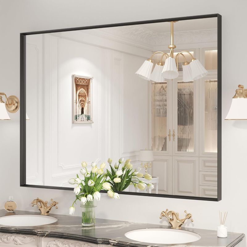 Photo 1 of LOAAO Black Bathroom Mirror 48"X32" for Wall, Rectangle Bathroom Vanity Mirror, Tempered Glass, Hangs Vertically or Horizontally, Easy to Install, Modern Design