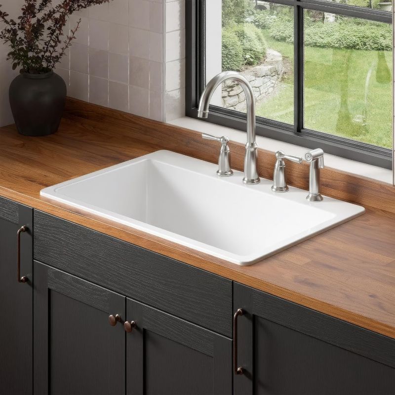 Photo 1 of Sinkology Jackson 33 Inch White Fireclay Drop-In Kitchen Sink, Single Bowl, 4 Faucet Holes, Fits 36 Inch Cabinet, Surefire Finish

