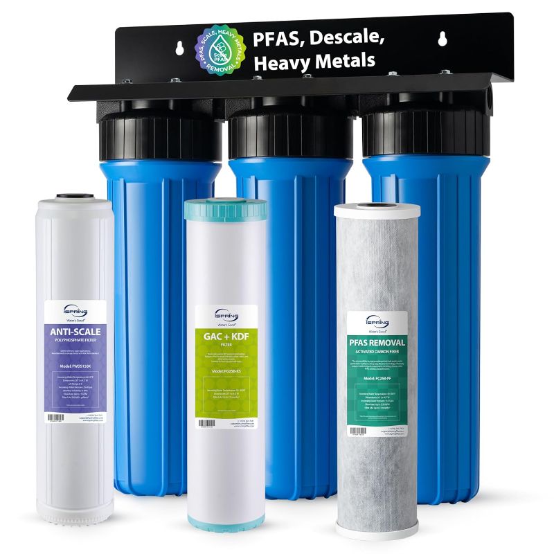 Photo 1 of iSpring Whole House Water Filter System, Ultimate PFAS, Scale, Heavy Metals Protection Removes Up to 99% PFOA & PFOS with SGS-Tested Media, 3-Stage Filtration, 20” x 4.5” Filters, Model: WGB32B-PFKDS
