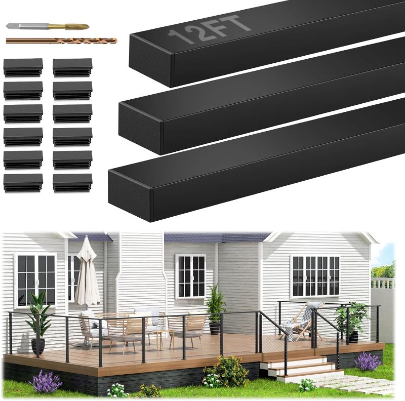 Photo 1 of 12FT Stainless Steel T304 Black Handrail, 3 Pack Rectangular Cuttable Handrail Flat Top Rail 2-3/8"x1-3/16 with Nylon End Caps for Indoor Outdoor Deck Stair Cable Railing System DIY Balustrade
