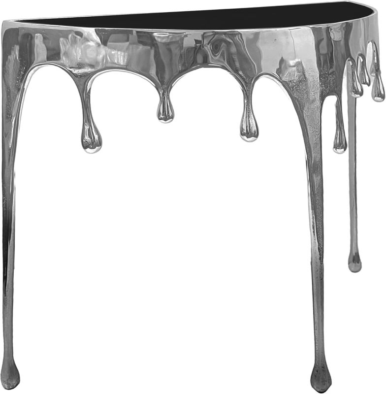 Photo 1 of TUP THE URBAN PORT Capri Sofa Console Table | 36.25" Half Moon Glass Top | Melting Drip Design | Aluminum Cast | Silver
