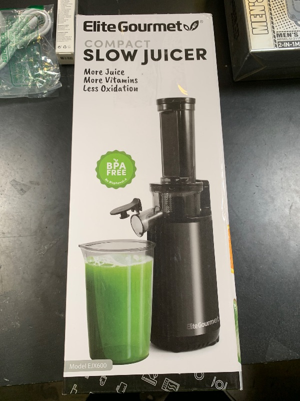 Photo 1 of Elite Gourmet EJX600 Mini Compact Small Space-Saving Masticating Slow Juicer Cold Press Juice Extractor, Nutrient and Vitamin Dense, BPA-Free Tritan, Easy to Clean, 16 oz Juice Cup, Charcoal Grey