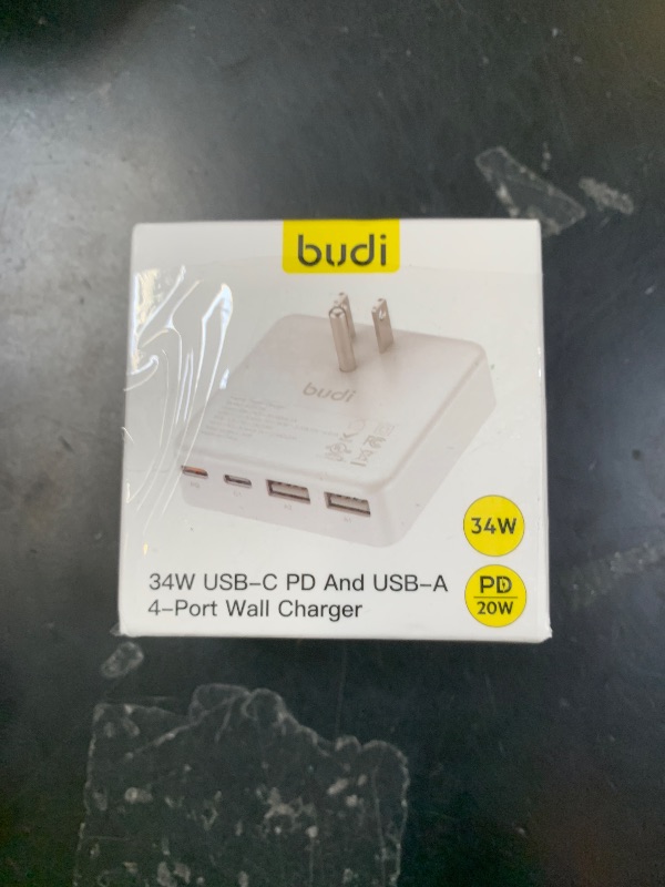 Photo 1 of BUDI Flat USB C Wall Charger, 34W 4-Port USB Charger Block, Fast Charging Block with 20W Port Power Delivery and Dual Type-C for iPhone 16/15/14/13/12/11/Pro Max/XS/XR/8/7,Tablets