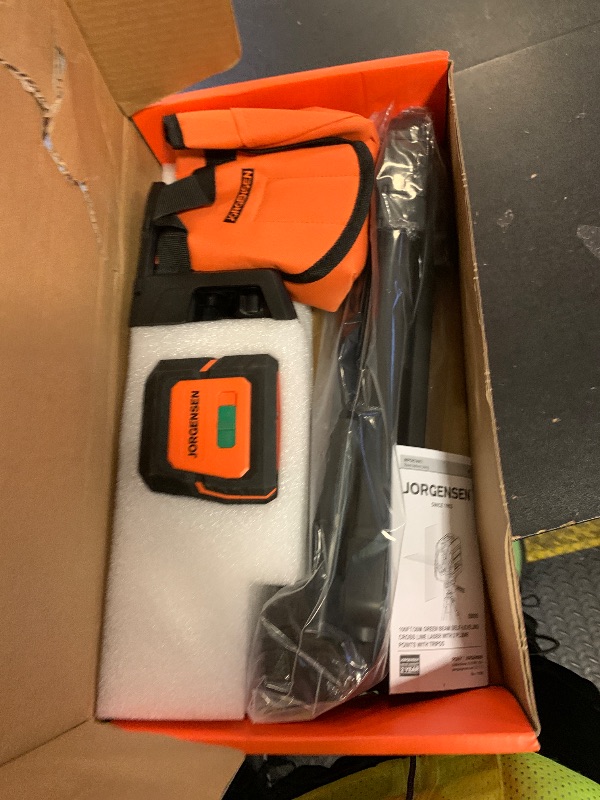 Photo 1 of JORGENSEN Laser Level with Tripod & 2 Plumb Dots, 100 FT Self Leveling Point Cross Line Laser Leveler Tool, Wide Angle Green Laser Level for Picture Hanging, Indoor Project, Construction, Carry Bag