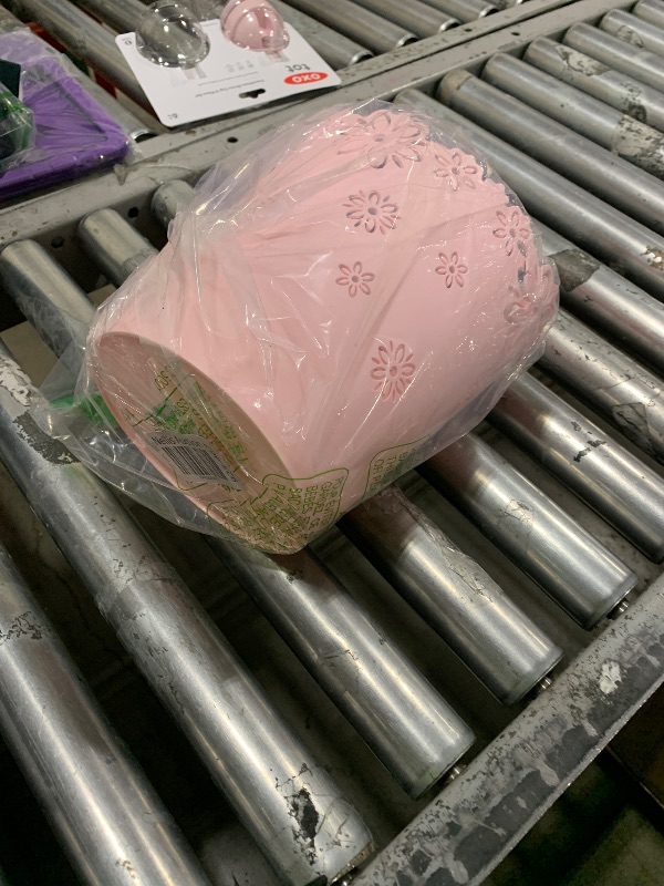 Photo 1 of ASFUSS Small Pink Trash can Mini Wastebasket Hollow Flower Shape Plastic Lidless Wastepaper Baskets Garbage can (Pink,Medium)