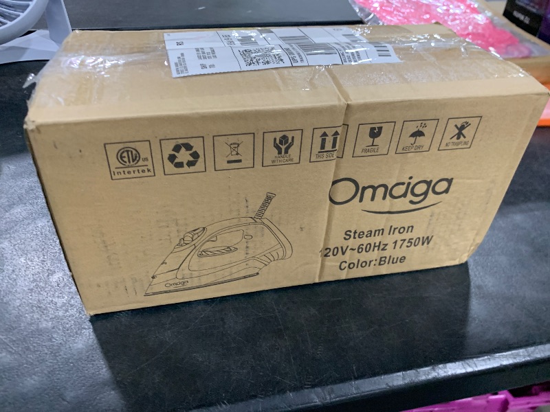 Photo 1 of OMAIGA Steam Iron for Clothes, 1750W Clothes Iron Rapid Heating with Durable Ceramic Soleplate, 3-Way Auto-Off, 15.21oz Water Tank, Self-Cleaning, Anti-Drip, Anti-calc Ironing Clothes for Home, Blue