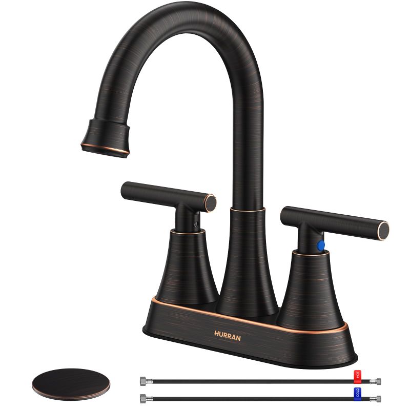 Photo 1 of Bathroom Faucets for Sink 3 Hole, Hurran 4 inch Oil Rubbed Bronze Bathroom Sink Faucet with Pop-up Drain and Supply Hoses, Stainless Steel Lead-Free Centerset Faucets for Vanity RV