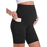 Photo 1 of Enerful Women's Maternity Yoga Shorts Over The Belly Comfy Biker Workout Active Pregnancy Gym Short Pants with Pockets 8"/5"
