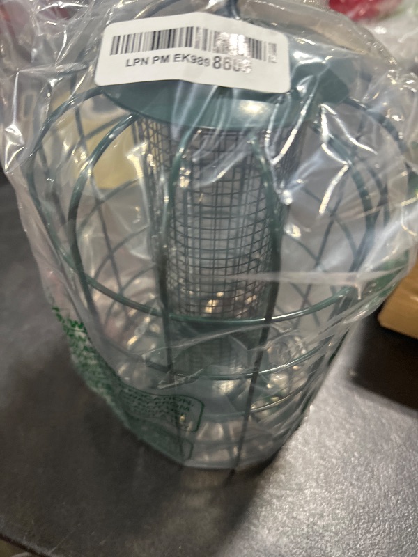 Photo 1 of Kingsyard Squirrel Proof Bird Feeders for Small Birds, Mesh Caged Bird Feeder with Seed Tray for Outside, Rain Proof Covered Tube with Perches for Finches Bluebird, Green