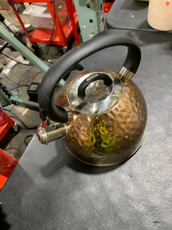 Photo 1 of HRHongRui Copper Tea Kettle Stainless Steel Teapot Whistling Kettle Unique Button Control Kettle Outlet Loud Whistle Food Grade Teapot 3.2 Quart / 3 Liter Bronze