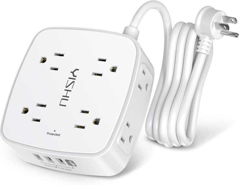 Photo 1 of 6 Ft Surge Protector Power Strip - 8 Widely Outlets with 4 USB Ports, 3 Side Outlet Extender with 6 Feet Extension Cord, Flat Plug, Wall Mount, Desk USB Charging Station, ETL,White