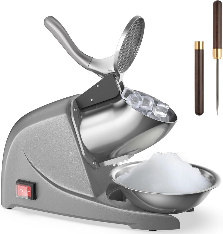 Photo 1 of OKF Ice Shaver Prevent Splash Snow Cone Machine, Electric 3 Blades Shaved Ice Machine, 380W Ice Shaver Machine, 286lbs/hr Snow Cone Maker, Ice Crushers for Home Use and Commercial Ice Crusher (Silver)
