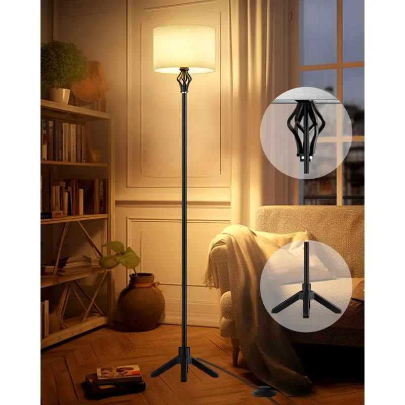 Photo 1 of Lightdot Retro Floor Lamp For Living Room, Mid Century Modern Standing Lamp With E26 Bulb Included, Black Vintage Tall Pole Lamp For Bedroom Office Farmhouse, Black Fabric Lampshade