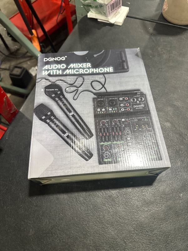 Photo 1 of Professional Audio Mixer, 4 Channel Sound Mixer With Dual Wireless Mic, Sound Board Console MP3 Bluetooth 48V Phantom Power USB Interface DJ Mixing for Home Karaoke Party Computer Studio Recording