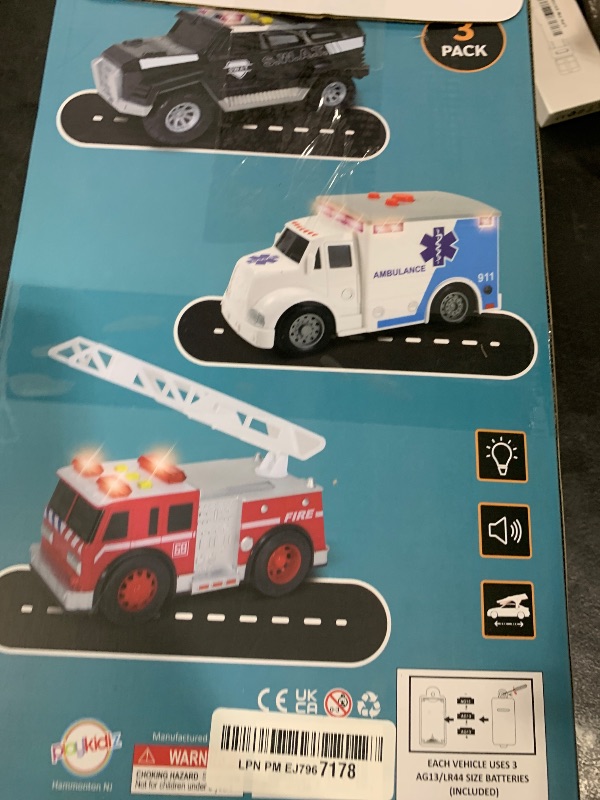 Photo 1 of Playkidiz Toy Cars for Toddlers - 6Pcs Pull Back Cars Toys with Light and Sounds, City and emergency vehicles set, Including Police Car, Fire Truck, Ambulance, School bus, Tour Bus, Garbage Truck