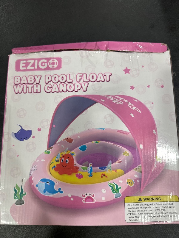 Photo 1 of EZIGO Baby Pool Float with Canopy UPF50+ Sun Protection, Inflatable Kids Pool Floats with Ocean Animal Toys for Baby 6-36 Months, Infant Swimming Float with Adjustable Safety Seat for Boys Girls Pink