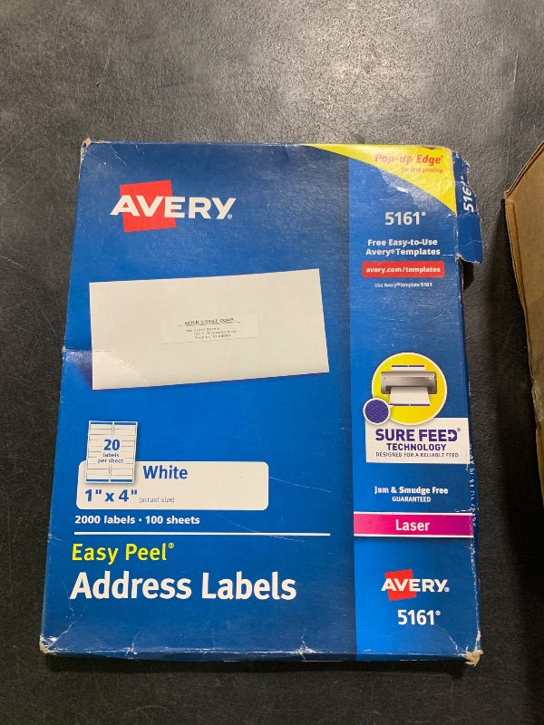 Photo 1 of Avery Easy Peel Printable Address Labels with Sure Feed, 1" x 4", White, 2,000 Blank Mailing Labels for Laser Printers (5161)