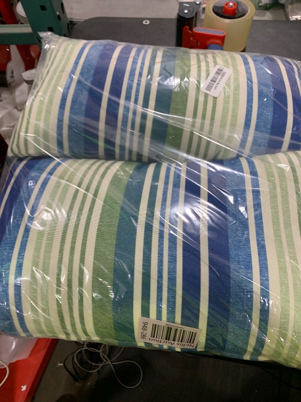 Photo 1 of DYTXIII Set of 2 Outdoor Lumbar Pillows 12 x 20 Inch, Rectangle Patio Lumbar Pillows with Inner, Decorative Throw Pillows for Balcony, Porch, Couch and Patio Furniture Use - Stripe Blue Green