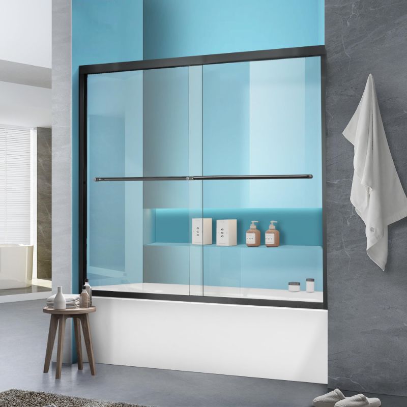 Photo 1 of Bathtub Shower Door, 56"-60" W×58" H Framed Double Sliding Glass Shower Door for Bathroom, 1/4"(6mm) Thick Clear Tempered Glass Door with Handles, Matte Black Finish