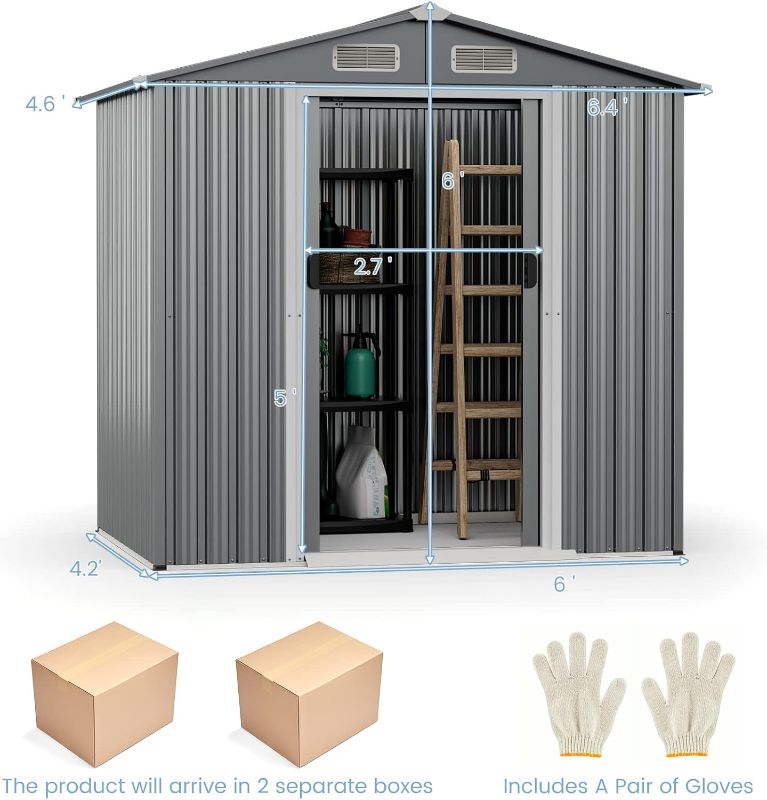 Photo 1 of Goplus 6' x 4' Outdoor Storage Shed, Weather-Resistant Galvanized Metal Tool House w/ 4 Air Vents, Lockable Sliding Doors, Ramp, Gloves, Utility Tool Organizer for Garden, Farm, Yard
