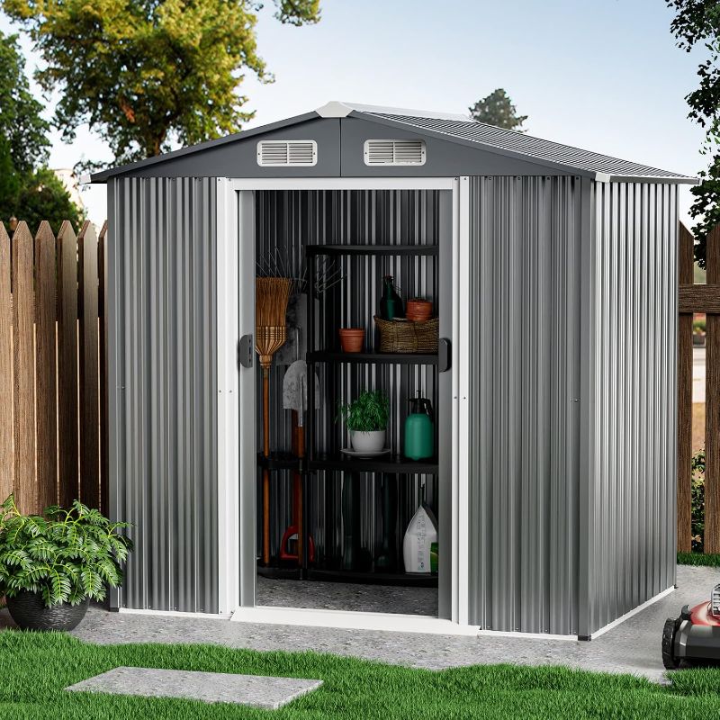 Photo 1 of Goplus 6' x 4' Outdoor Storage Shed, Weather-Resistant Galvanized Metal Tool House w/ 4 Air Vents, Lockable Sliding Doors, Ramp, Gloves, Utility Tool Organizer for Garden, Farm, Yard
