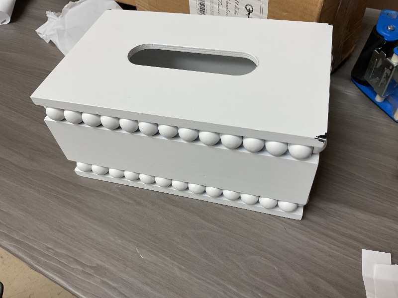 Photo 1 of AuldHome Design Beaded Rectangular Tissue Box Cover (White); Rustic Farmhouse Wood Oblong Tissue Holder