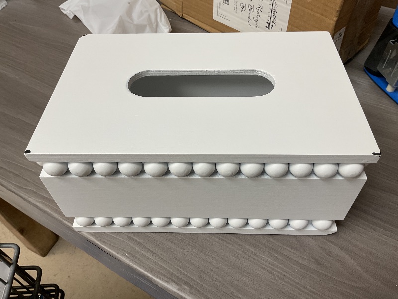 Photo 1 of AuldHome Design Beaded Rectangular Tissue Box Cover (White); Rustic Farmhouse Wood Oblong Tissue Holder
