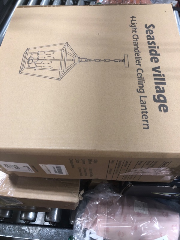 Photo 1 of 4 Light Chandelier, Industrial Ceiling Light Black Lantern Light Fixtures with Farmhouse Metal Cage Adjustable Height Rustic Geometric Hanging Light E12 Base for Kitchen Island, Entryway, Indoor