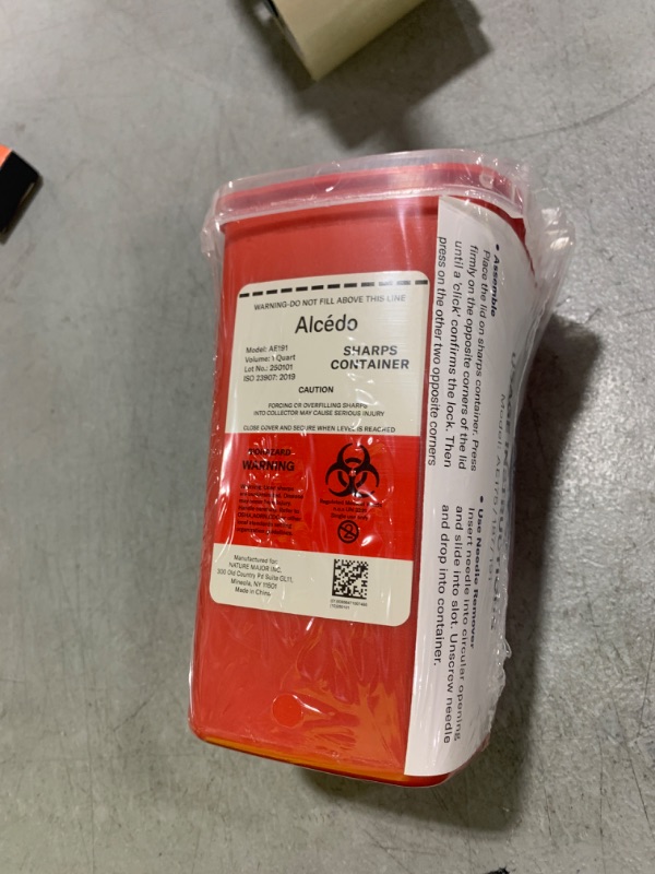 Photo 1 of Alcedo Sharps Container for Home Use 1 Quart (1-Pack) | Biohazard Needle and Syringe Disposal | Small Portable Container for Travel and Professional Use