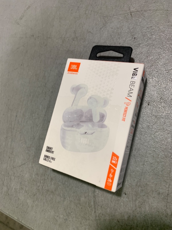 Photo 1 of JBL Vibe Beam - True Wireless JBL Deep Bass Sound Earbuds, Bluetooth 5.2, Water & Dust Resistant, Hands-free call with VoiceAware, Up to 32 hours of battery life (White)