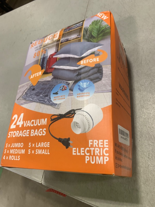 Photo 1 of 24 Pack Vacuum Storage Bags with Electric Pump, (5 Jumbo, 5 Large, 5 Medium, 5 Small, 4 Roll Up Bags) Space Saver Bag for Clothes, Mattress, Blanket, Duvets, Pillows, Comforters,Travel