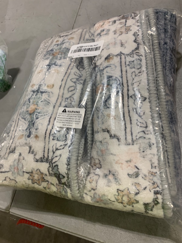 Photo 1 of MUJOO Boho Rug 3'x5' Blue Grey Rugs Machine Washable Area Rug Small Non Slip Throw Rugs for Entryway Bedroom Bedside Kitchen Hallway Living Room Laundry Room Indoor Carpet Soft Low-Pile Floral