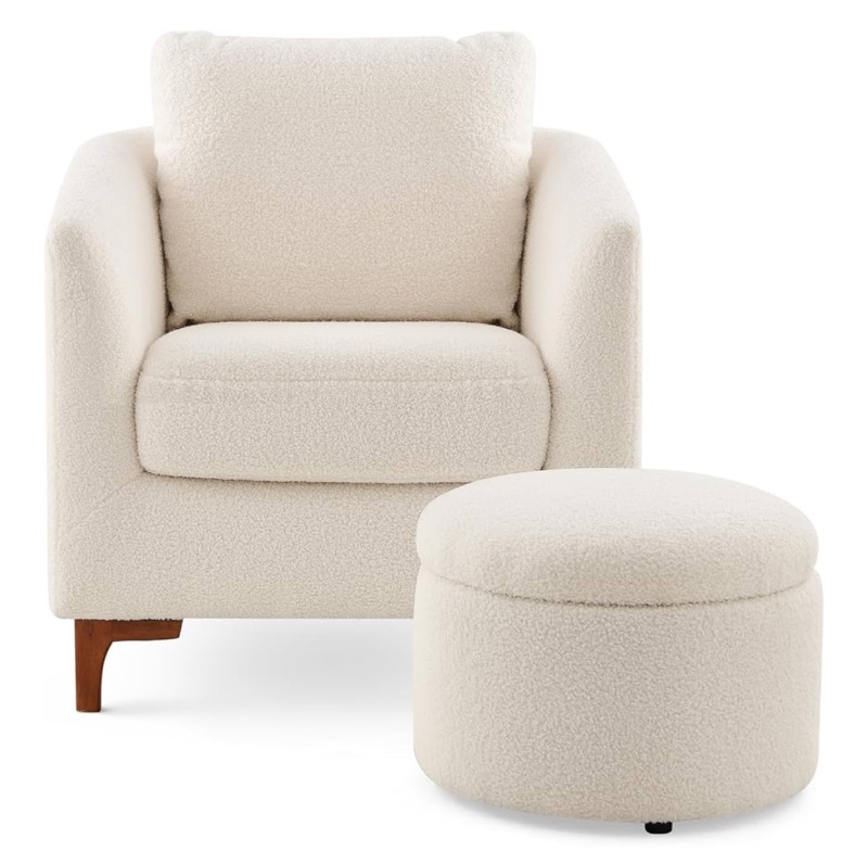 Photo 1 of COLAMY Sherpa Accent Chair with Storage Ottoman Set, Upholstered Barrel Arm Chair with Footrest, Modern Living Room Chair with Back Pillow, Cream