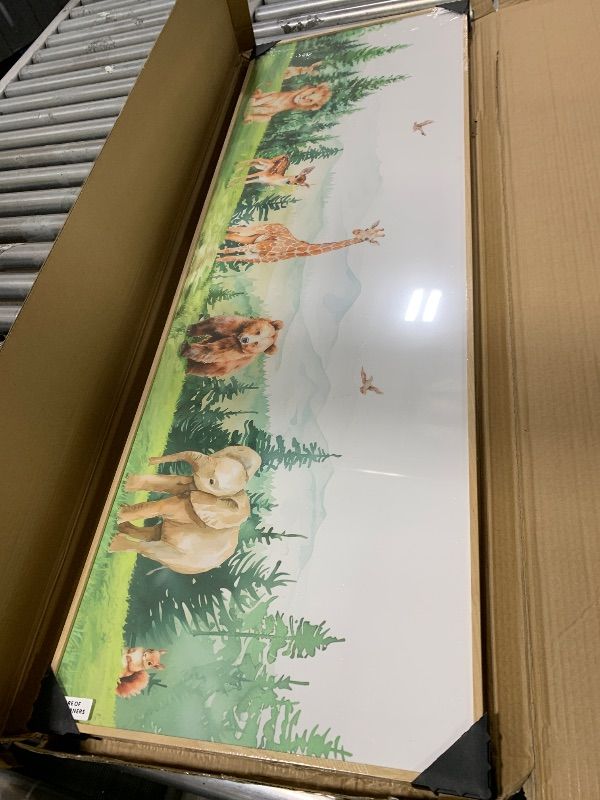 Photo 1 of Large Framed Woodland Nursery Canvas Wall Art, Jungle Themed Prints Paintings Decor for Walls, Forest Wild Animals Giraffe Deer Bear Elephant Lion Rabbit Pictures for Kids Boys Baby Girls Room Wall Decor